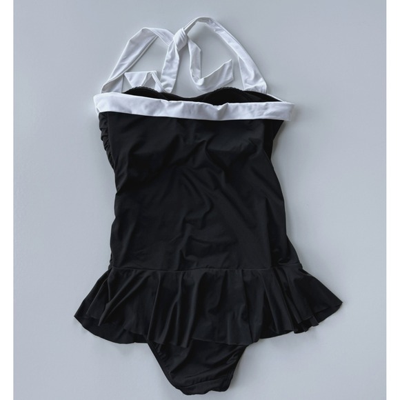 Lauren Ralph Lauren Women Swimsuit Sz 12 Black White Halter Skirted Ruched 1 Pc - Picture 6 of 15